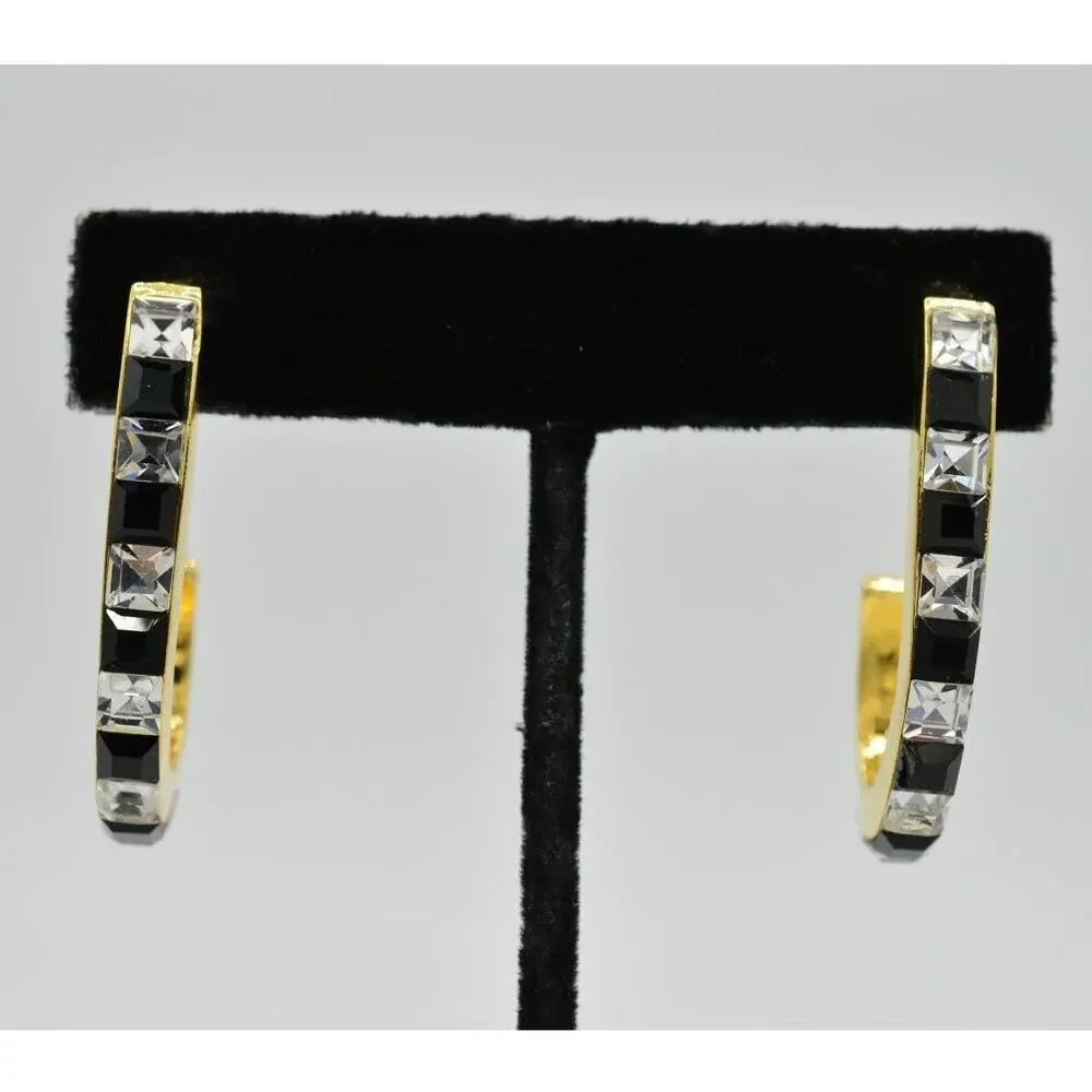Vintage Crystal Earrings Gold Black Clear Square Rhinestone Gold Tone 1980s 9L